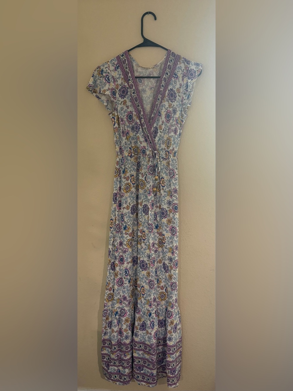 BeBop White Floral Wrap Maxi Dress with Purple & Yellow Print